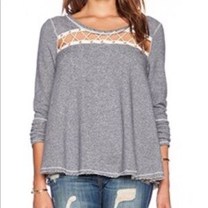 Free People Lacey Love Pullover in Indigo Combo with Lattice Piping NWT